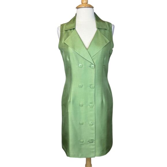 Tower Hill Collection Green 100% Silk Double-Breasted Sleeveless Blazer Dress 12 - Picture 2 of 16